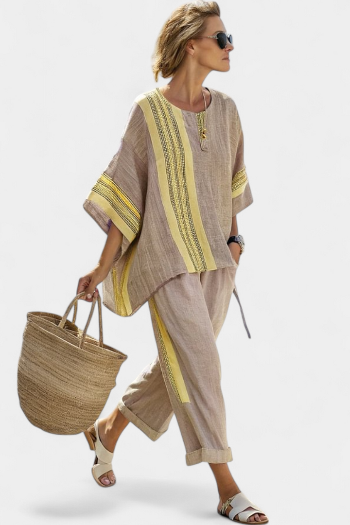 Elowric | Elegant Lavender Top &amp; Mustard Striped Pants
